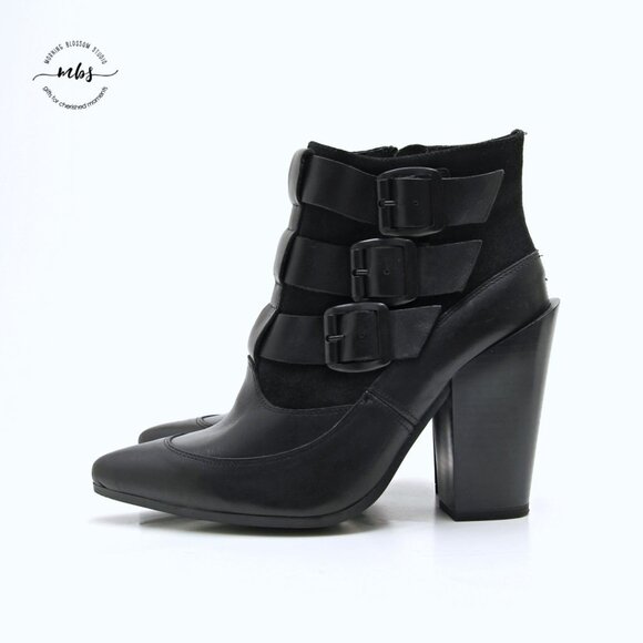 Texto Triple Buckles Leather Heeled Booties in Black Women Size 9 - Picture 8 of 15